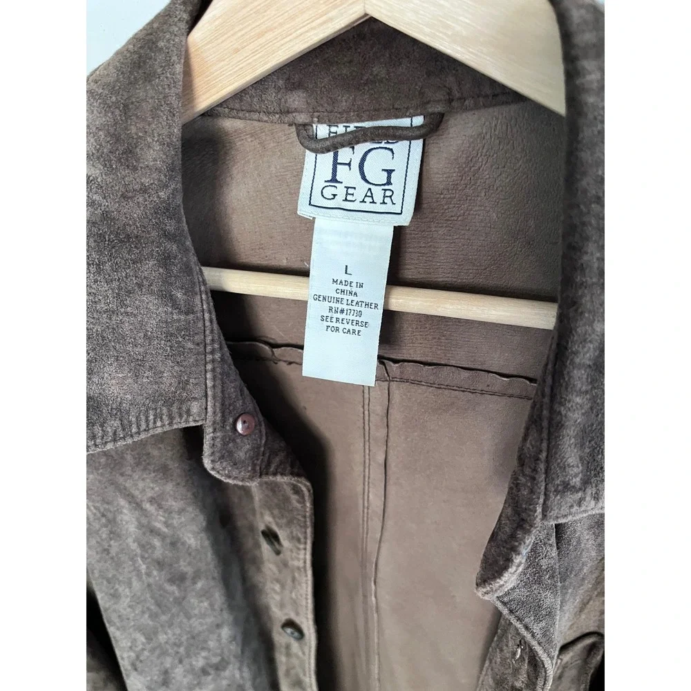 FG Gear Mens Genuine Leather Suede Shirt Jacket Brown Button Front Large L